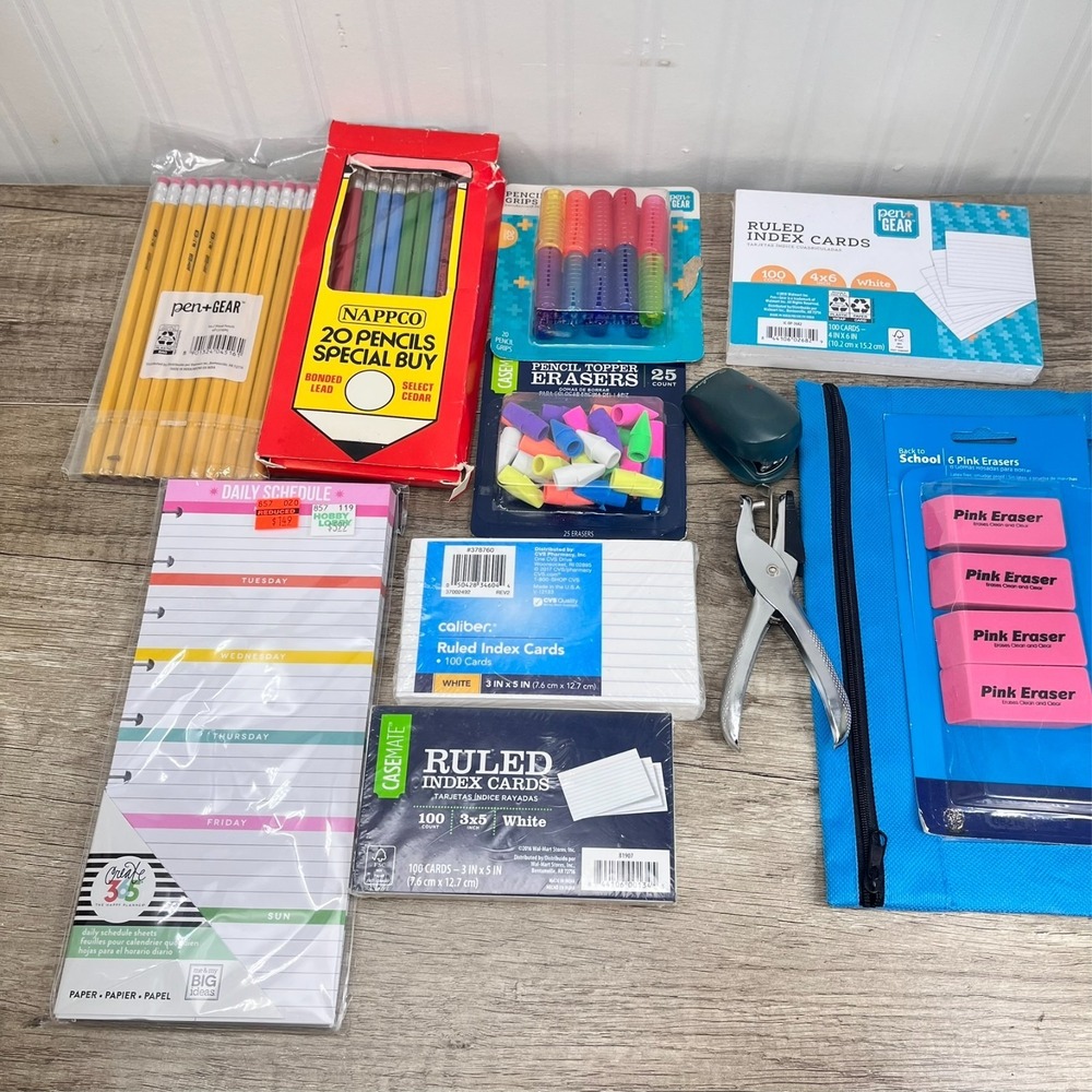 School Supply Lot, Nappco Pencils, 300 Index Cards, Pencil Case, Erasers Etc